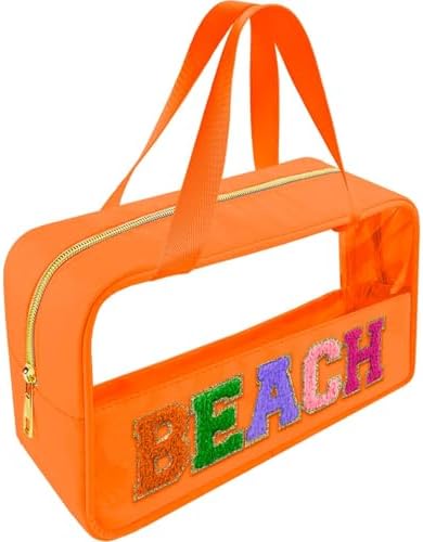 Bunliuys Chenille Letter Clear Makeup Bag Beach Patch, Travel Toiletry Makeup Bag with Handle, Nylon Waterproof Makeup Bags clear cosmetic bag, preppy patch makeup bag for Women (BEACH-Orange) by Bunliuys