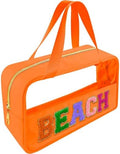Bunliuys Chenille Letter Clear Makeup Bag Beach Patch, Travel Toiletry Makeup Bag with Handle, Nylon Waterproof Makeup Bags clear cosmetic bag, preppy patch makeup bag for Women (BEACH-Orange) by Bunliuys