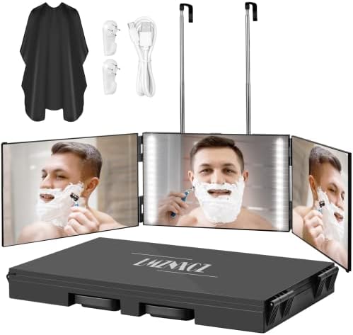 LMZNXCZ with LED Lights 3 Way Mirror for Self Hair Cutting,360 Haircuts Mirror Men for Barber Use Tools,to See Back of Head,Tri Fold with Portable Height Adjustable Telescoping Hooks by LMZNXCZ