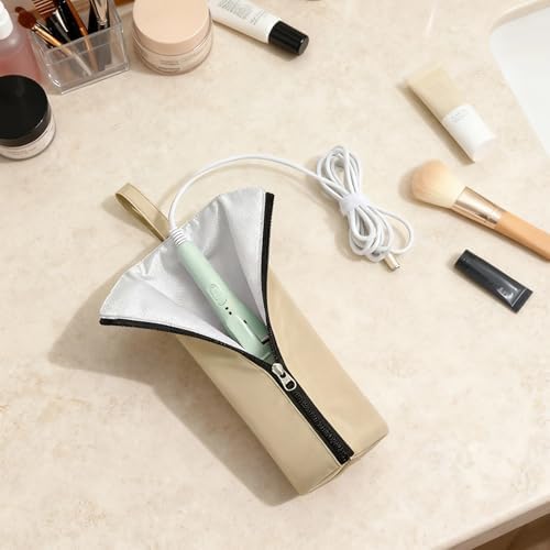 Khaki Heat Resistant Curling Iron Bag, Portable Hot Iron Holder Travel Bag with Pocket, Hair Straightener Tool Organizer, 11.4 x 3.93 in / 29 x 10 cm - Image 2