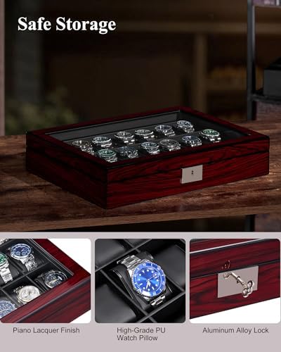 High End 21 Slot Watch Cases for Men, Piano Paint, Lockable Large Glass Lid - Image 3