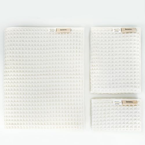Luxury Organic Japanese Cotton Waffle Bath Towel | Thick, Absorbent, Quick Dry Bathroom Towels for Shower, Sauna, Onsen| Hotel & Spa Quality, Gift-Ready (Shell White, Bath Sheet Set (3-Piece)) by KOSMU