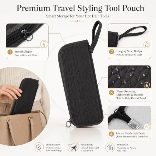 2-in-1 Heat Resistant Hot Tool Mat and Organizer | Portable Travel Curling Iron Holder & Flat Iron Storage Mat with Heatproof Lining | Black Styling Tools Pouch for Hot Straightener and Wand - Image 6