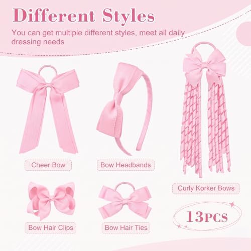 DEEKA Teal School Hair Accessories Set 13 Pcs Uniform Bow Headband Clips Hair Ties Curly Korker Bows for Little Toddler School Girls (Pink) - Image 2