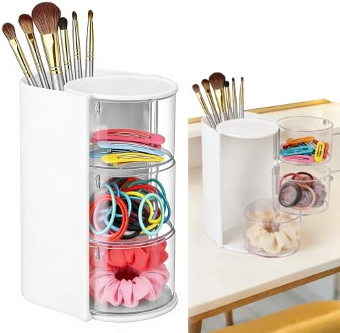 3-Tier Rotating Hair Accessories Organizer, 360° Spinning Storage Stand for Makeup Brushes and Jewelry, Compact Vanity Display Case for Girls, Holds Hair Clips, Earrings, Rings, Bracelets(White) by Mkway