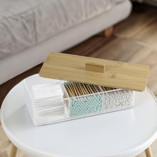 ZEXALOR Clear Bathroom Dresser Organizer - Cotton Ball Swab Holder with 3 Divided Compartments&Lid, Waterproof Transparent Small Plastic Storage Containers, Vanity Makeup Organization - Image 4
