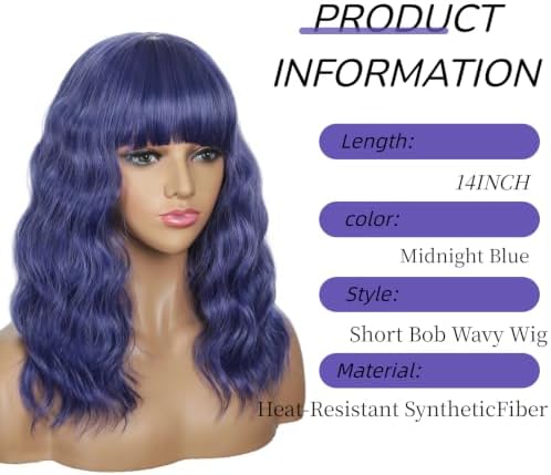 Sebast Pastel Bob Wigs with Bangs for Women Loose Wavy Wig Pastel Wavy Shoulder Length Bob Synthetic Cosplay Wig for Girl Colorful Costume Wigs (Midnight Blue) - Image 2