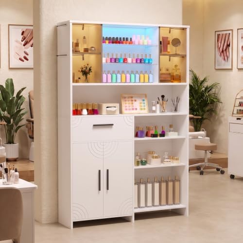 Professional Nail Storage Cabinet with LED Display Shelf (White) by Oakvera