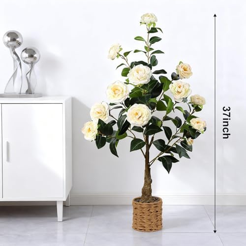 2Pack Artificial Camellia Tree, 3Ft Faux Yellow Camellia Plant in Pot, Fake Outdoor Tree Camellia Flower Tree for Home Office Living Room Floor Indoor Decor - Image 3