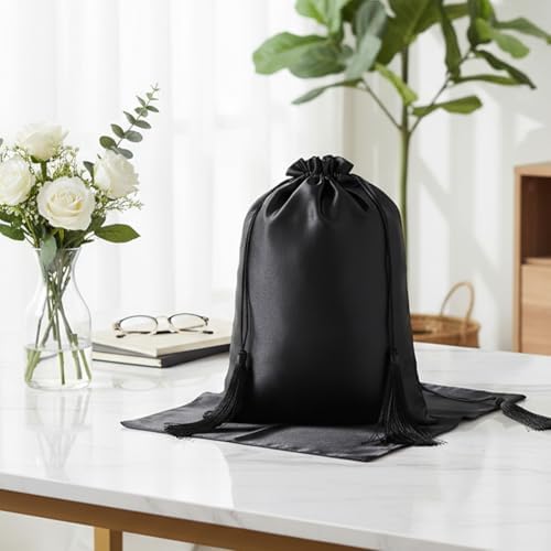 4Pcs Wig Storage Bags,Satin Bags with Drawstring Tassel Silk Wig Bag Hair Bag Storage for Multiple Wigs,Bundles,Hair Extensions(Black) - Image 5