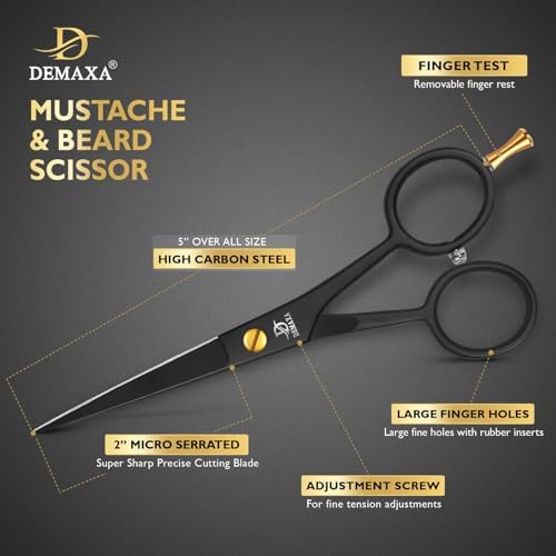 DEMAXA 5" Professional Beard Scissors for men Mustache Scissors with 1 Mustache Comb, 1 Beard Comb & Soft Pouch – Prefect Beard shears mustache kit for All Facial Hair – moustache Grooming kit for Men - Image 3