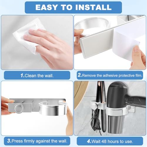 Silver Hair Dryer Holder Wall Mount, No Drill Hair Tool Organizer - Image 7