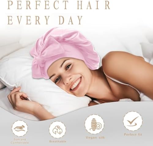 Silk Bonnet for Sleeping Women, Ajustable Hair Bonnet for Curly Hair with Tie Band Shower Caps Pink，Large - Image 2
