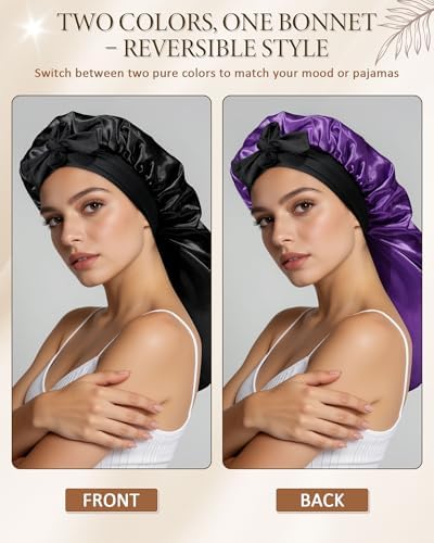 AWAYTR Long Satin Bonnet for Sleeping, Women Two-Tone Reversible Sleep Cap - Image 4