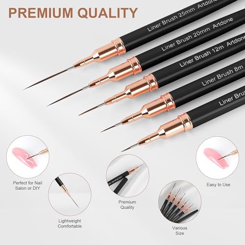 Artdone Metallic Nail Art Pens, Liner Brushes Set, 5PCS Black Nail Tools - Image 3