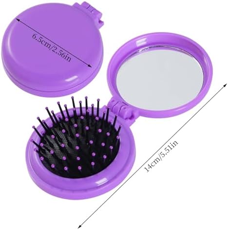 Heliltd 2pcs Folding Travel Mirror Pocket Hair Brushes, Round, Purple Black - Image 2
