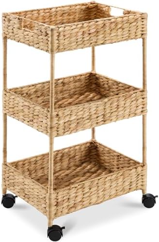 Best Choice Products 3-Tier Water Hyacinth Rolling Nursery Caddy w/Wheels, Utility Cart, Storage Organization for Bathroom, Craft Room, Laundry Room - Natural by BestChoiceProducts