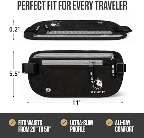 VENTURE 4TH Travel Money Belt, RFID Blocking Passport Holder - Black - Image 3