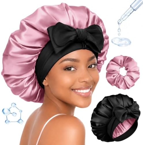 BONNET QUEEN Silk Bonnet for Sleeping Women HYALURONIC Acid Reversible Double Layer Satin Bonnet Night Sleep Cap Wrap for Curly Hair with Adjustable Tie Band & Scrunchie, Black & Rose Gold by BonnetQueen