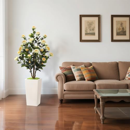 Romantic Season 4FT Artificial Camellia Tree with White Tall Planter, Yellow Faux Camellia Plant Flower Tree for Modern Home Office Living Room Floor Décor Outdoor Indoor，Yellow - Image 5