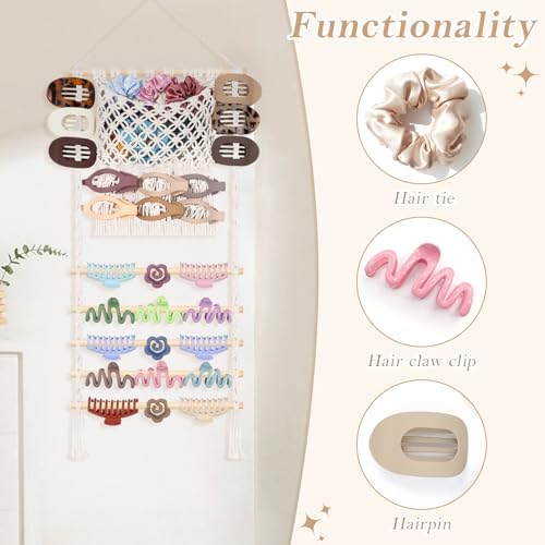 SNOWSTAR Macrame Hair Claw Clip Organizer,Large Capacity Mesh Bag Scrunchies Holder and Hair Ties Organizer for Women Girls,Hair Accessorie Hanging Storage Home Decor Wall,Door - Image 5