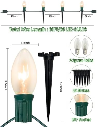 SUNSGNE Christmas Pathway Lights Outdoor - 38FT Vintage Christmas Lights with 25 C9 Clear Bulbs and 25 Plastic Stakes for Walkway, Sidewalk, Lawn, Path, Garden Decor - Image 2