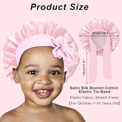 3 Pcs Kids Silk Bonnet for Sleeping - Baby Hair Bonnet for Sleep,Kids Satin Bonnets for Girls with Adjustable Wide Elastic Band,Sleeping Cap for Teens Toddler Child Curly Hair(Pink+Purple+Yellow) - Image 2