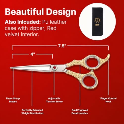 H&S Ruby Series Professional Hair Cutting Scissors | Premium Japanese Stainless Steel | 7.5” Hair Shears, Barber Accessories & Hair Salon Supplies | Beard & Moustache Grooming - Image 5