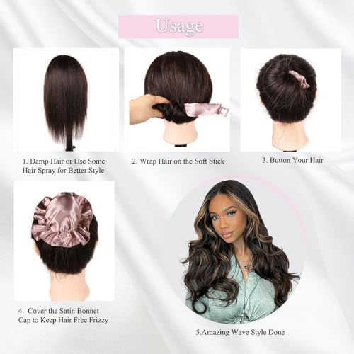 3 Sets Satin Heatless Curling Set Overnight Curls Blowout Rods Soft Hair Curlers to Sleep in Bun Bons Heatless Curls with Bonnet Cap No Heat Headband Silk Roller Wrapper Brown - Image 5