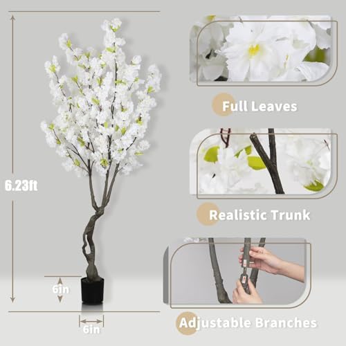 6.23ft Tall White Artificial Cherry Blossom Trees, Realistic Flower Faux Silk Leaves Plant, Fake Cherry Blossom Tree for Home Office Indoor Outdoor Party Wedding Christmas Decor - Image 5