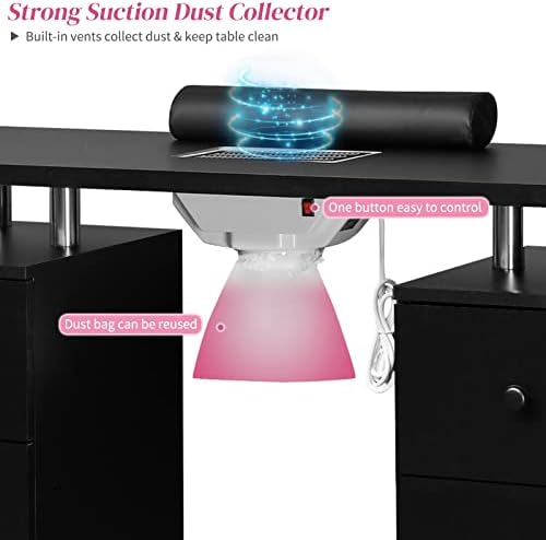 OmySalon Manicure Table Nail Desk for Nail Tech, Nail Table Station w/Electric Dust Collector, Nail Makeup Beauty Salon Storage Acetone Resistant w/Lockable Wheels,Wrist Cushion,4 Drawers&Cabinet - Image 2