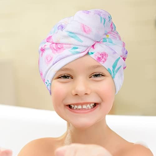 Basumee Microfiber Hair Towel Wrap for Kids 2 Pack Rapid Drying Hair Towel with Button Hair Turbans for Wet Hair Wraps Head Towel Wrap for Women and Girls, Flower - Image 3