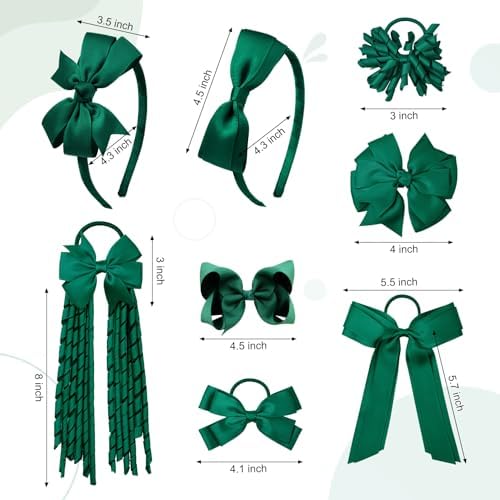 DEEKA Dark Green School Hair Accessories Set 13 Pcs Uniform Hair Bow Headband Clips Hair Ties Curly Korker Bows for Little Toddler School Girls (Dark Green) - Image 6