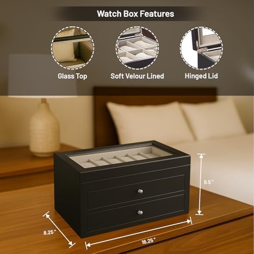 Bey-Berk Duke Matte Black Wood Watch Box – 36-Slot Organizer with Glass Top, 2 Drawers & Velour Lining - Image 2