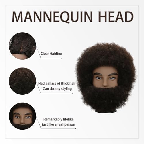 Afro Kinky Curly Human Hair Mannequin Head with Beard - 100% Real Hair for Braiding Practice, Cornrow, Styling, Cutting & Coloring - Professional Cosmetology Training Head for Salon & Student - Image 4