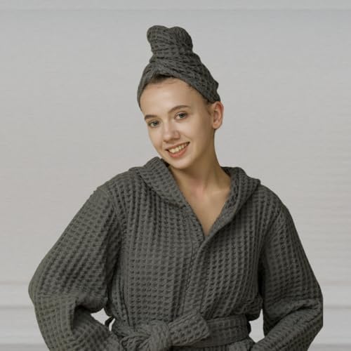 Luxury Organic Japanese Cotton Hair Drying Waffle Towel Wrap for Women | Absorbent, Quick-Dry Head Turban for Shower, Sauna, Spa | Extra Large for Long, Curly, Straight Hair With Button (Grey, 2 Pc) - Image 5