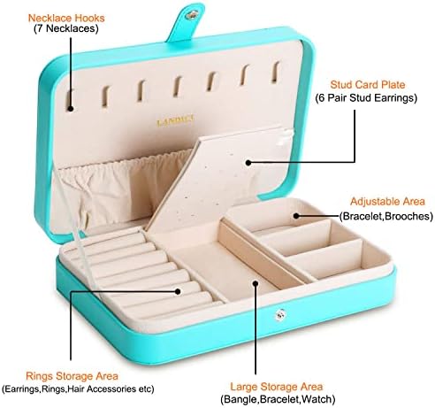 LANDICI Small Jewelry Box for Women Girls, PU Leather Travel Jewelry Organizer Case, Portable Jewellery Storage Holder Display for Ring Earrings Necklace Bracelet Bangle Watch Men Kids Gift, Lake Blue - Image 2