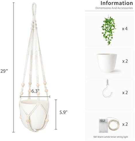 Mkono 2 Packs Fake Hanging Plant with Lights, Artificial Plants for Home Decor Indoor Macrame Plant Hanger with Fake Vines, Batteries NOT Included - Image 5