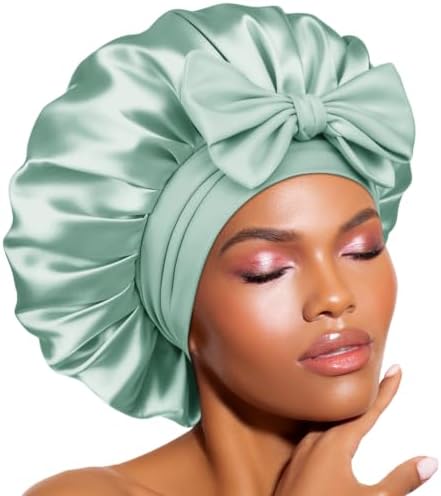 BONNET QUEEN Double Layer Silk Bonnet for Sleeping for Women Satin Bonnet Night Cap for Curly Hair with Tie Band, Sage Green by BonnetQueen