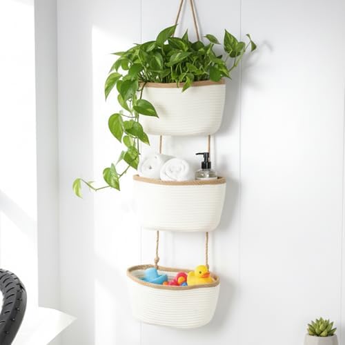 TeoKJ Over the Door Hanging Storage Basket Wall Organizer White&Dark Brown - Image 6