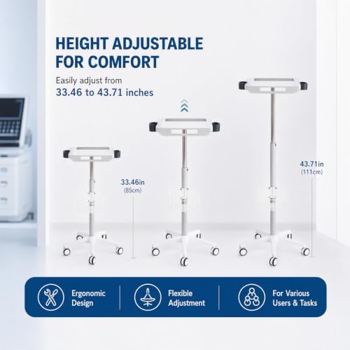 Medical Mobile Cart, 33.46-43.71in Height Adjustable Metal Trolley Cart with Medical Tray Wheels Rolling Equipment Large Tabletop & Storage Basket for Laptop Hospitals Scanner Ultrasound EKG - Image 4