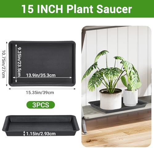 3 Packs Plant Saucers Rectangular, 15x11x1.2 Inch Heavy Plastic Plant Saucer Drip Tray, Flower Pot Tray for Indoors Outdoor Plant Pots, Thick Drip Tray for Garden Potted Water Drips and Soil - Image 2