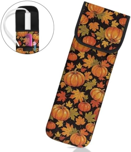 Yellow Thanksgiving Pumpkin Curling Iron Holder Heat Resistant Neoprene Curling Iron Cover Bag with Pocket Curling Iron Organizers and Storage for Hair Straightener, Curling Iron, Flat Iron - Image 2