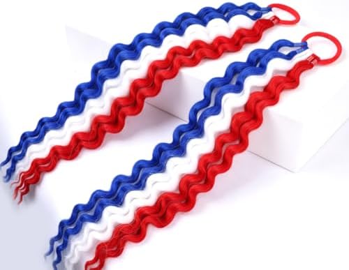 Red White Blue Curly Ponytail Extensions, 4th of July Fashion Color Curly Synthetic Ponytail With Rubber Band for Women & Teens Daily Festival Party Halloween Crazy Days Hair Pieces 2pcs/lot - Image 2