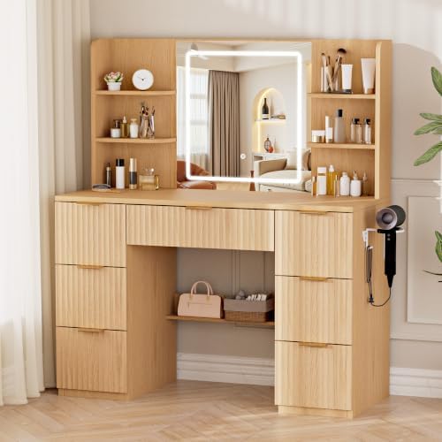 LIVELYGLOW 43" Large Natural Wood Makeup Vanity Desk with Charging Station by LIVELYGLOW