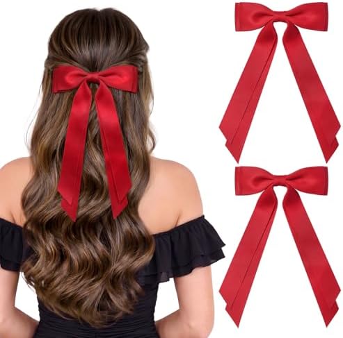 2PCS Silky Satin Hair Bows Hair Clip Red Hair Ribbon Ponytail Holder Accessories Slides Metal Clips Hair Bow for Women Girls Toddlers Teens Kids by AILEAM