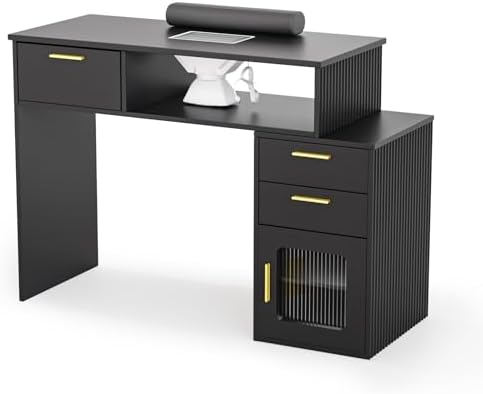 OmySalon Nail Desk with Electric Dust Collector & Glass Cabinet - Professional Manicure Table with Storage Drawer, Gold Handles, Wrist Cushion for Salon, Spa (Black) by OmySalon