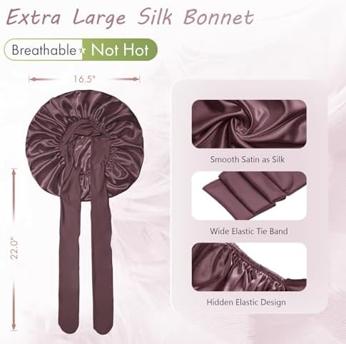 BONNET QUEEN XL Large Silk Like Bonnet for Sleeping for Curly Hair,Satin Bonnet with Adjustable Tie Band, Maroon - Image 3