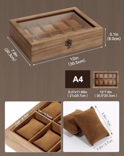 Uten Wooden Watch Case 10 Slot, Watch Jewelry Display Box with Glass Lid - Image 2