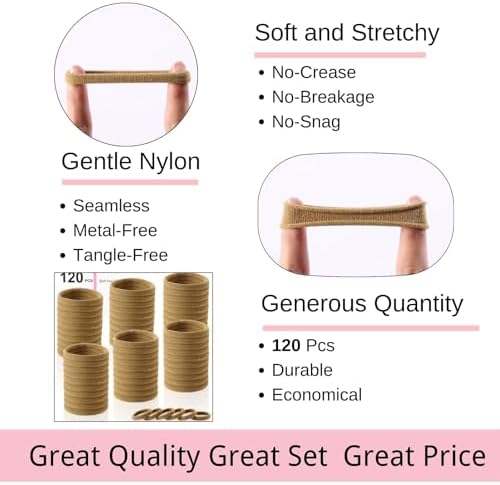LuSeren 120 Pcs No Damage Hair Ties for Thick Hair, Large Soft Seamless Nylon Hair Elastics for Women, Ponytail Holders, Hair Accessories – Light Brown - Image 3
